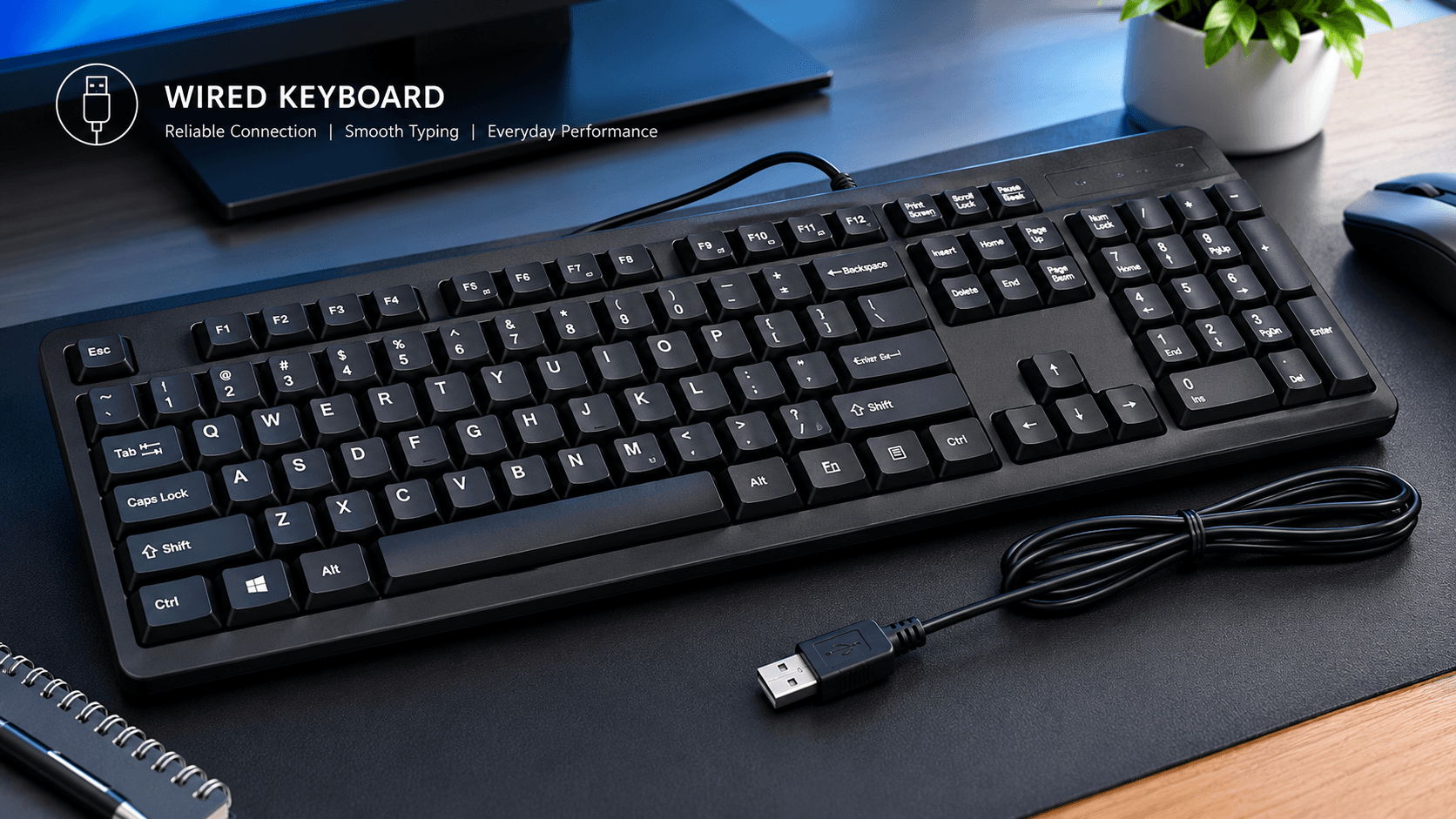 Product Name: Premium Wired Keyboard  Description: A reliable, full-size wired keyboard designed for everyday computing, office work, education, business, and home use. It features a professional black finish, comfortable full-size key layout, dedicated numeric keypad, and a dependable USB connection that provides a direct connection to your computer without requiring batteries or wireless pairing.